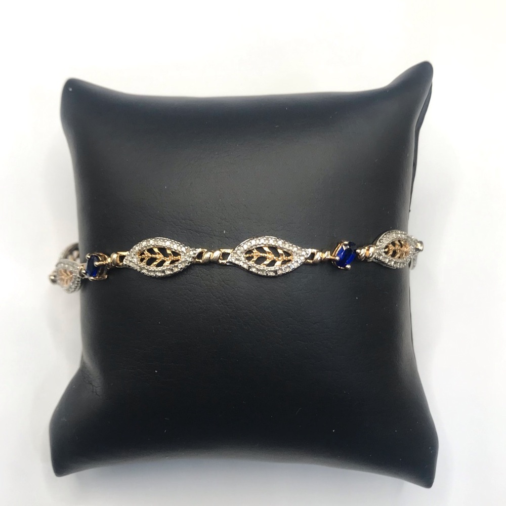 Gold Over 925 Sterling Silver Blue Sapphire Art Deco Filigree Bracelet Size 7”